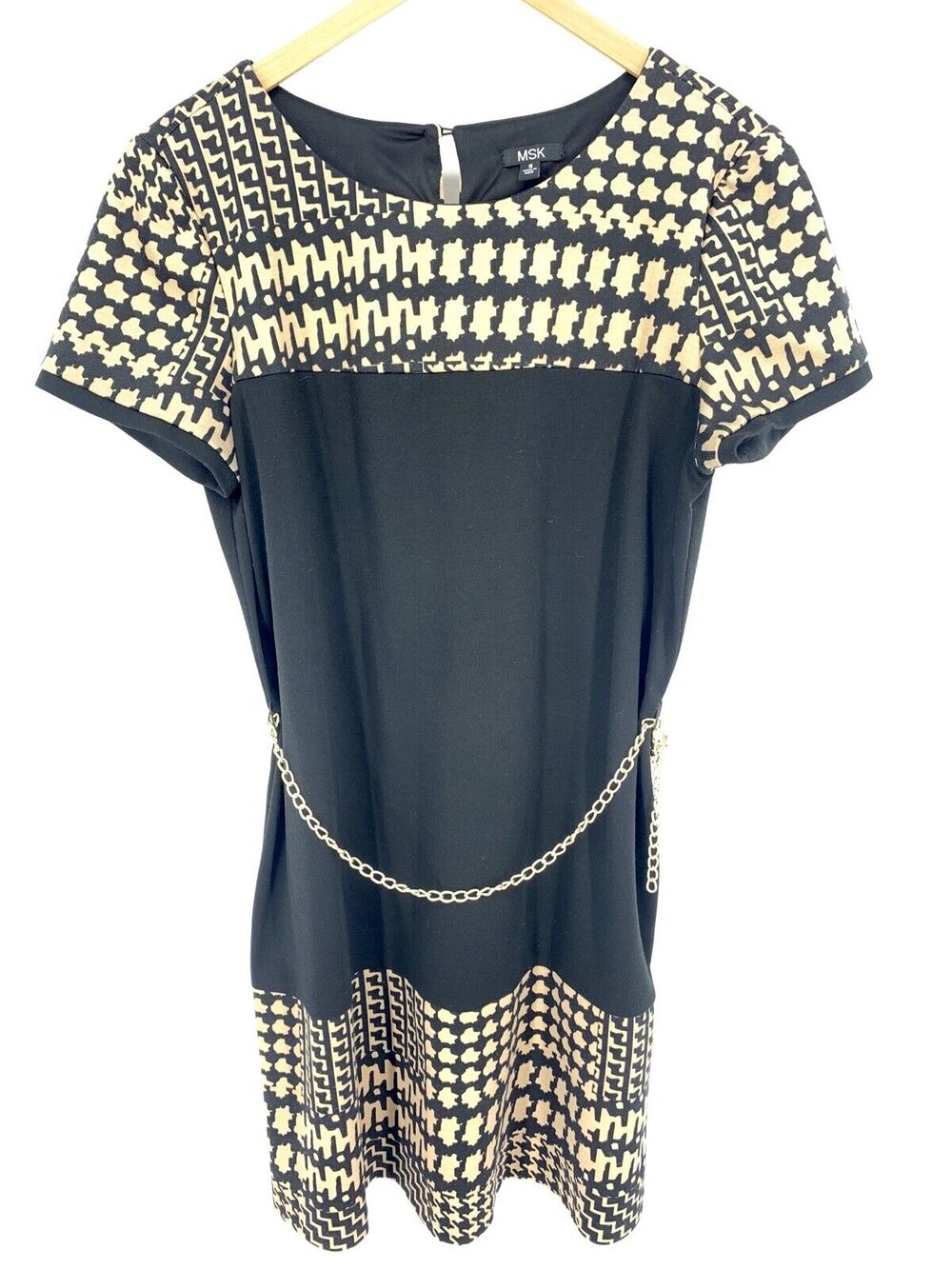 MSK Houndstooth Black Tan Dress with Chain Belt Size 16